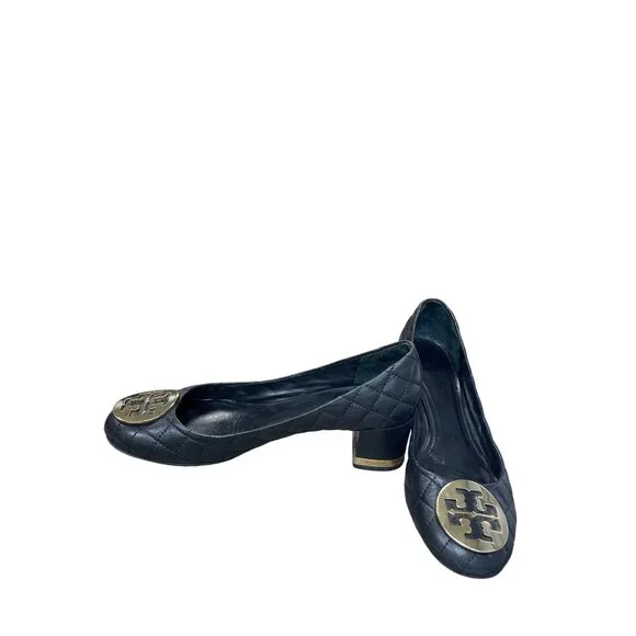 Tory Burch Womans Black Leather quilted  2.5" Slip on heels Sz 6 SKU 9532 - Picture 2 of 14